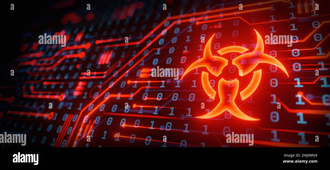 Virus detected warning alert message on computer screen. Cyber security, hacking attack digital background. Firewall alarm, internet antivirus defense Stock Photo