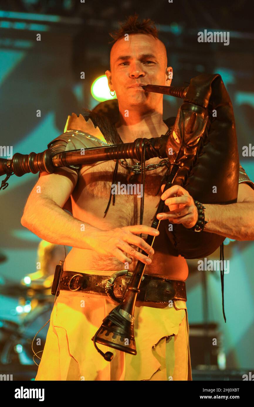 In Extremo, German Medieval metal band from Berlin: Boris Pfeiffer, also called Yellow Pfeiffer, is playing the market bagpipe (Pfeiffer was band member from 1997 to 2021, died in 2022). Sterneneisen-Tour 2011. Concert in Hessenhallen Giessen, Germany. 8th April, 2011. Stock Photo