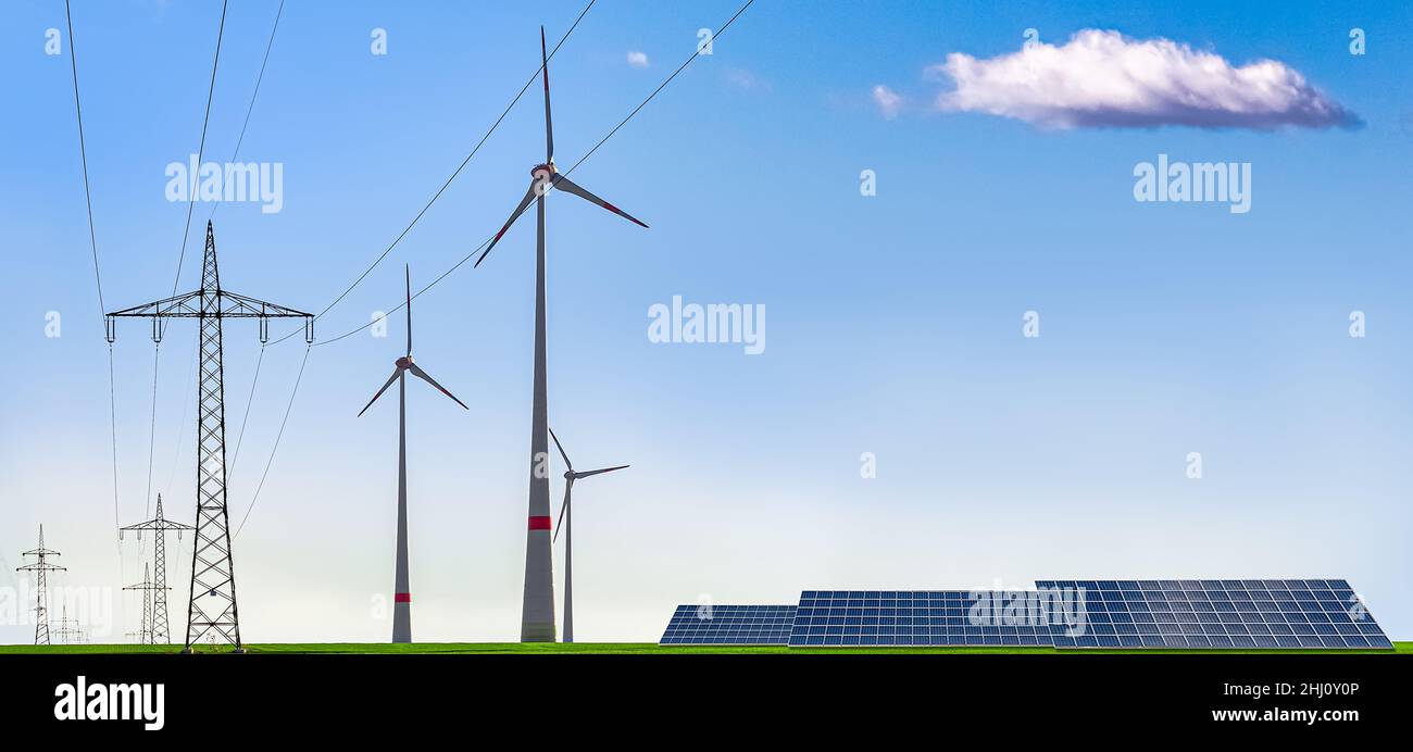 Panorama with Wind Turbines, Solar Cells and Power Lines Stock Photo ...