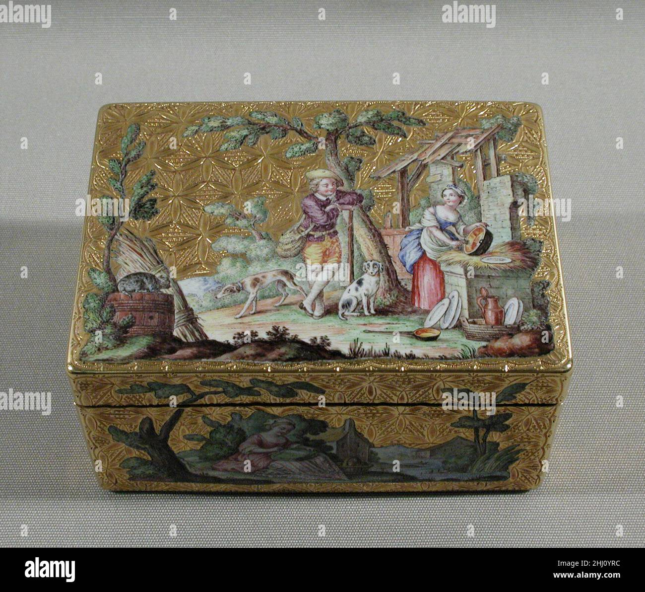 Snuffbox 1753–54 Guillaume Loir In eighteenth-century Europe, Paris led the production of high-quality luxury goods. Parisian goldsmiths made a wide range of small, personal articles such as snuffboxes; étuis to hold sealing wax, tweezers, or utensils for sewing; souvenirs, which contained thin ivory tablets for note taking; and shuttles for knotting lace. Gold snuffboxes and boxes decorated with portrait miniatures were prized and frequently given as royal gifts, often to ambassadors or members of the court in lieu of cash payments for their services. Coveted and admired, these boxes were pro Stock Photo