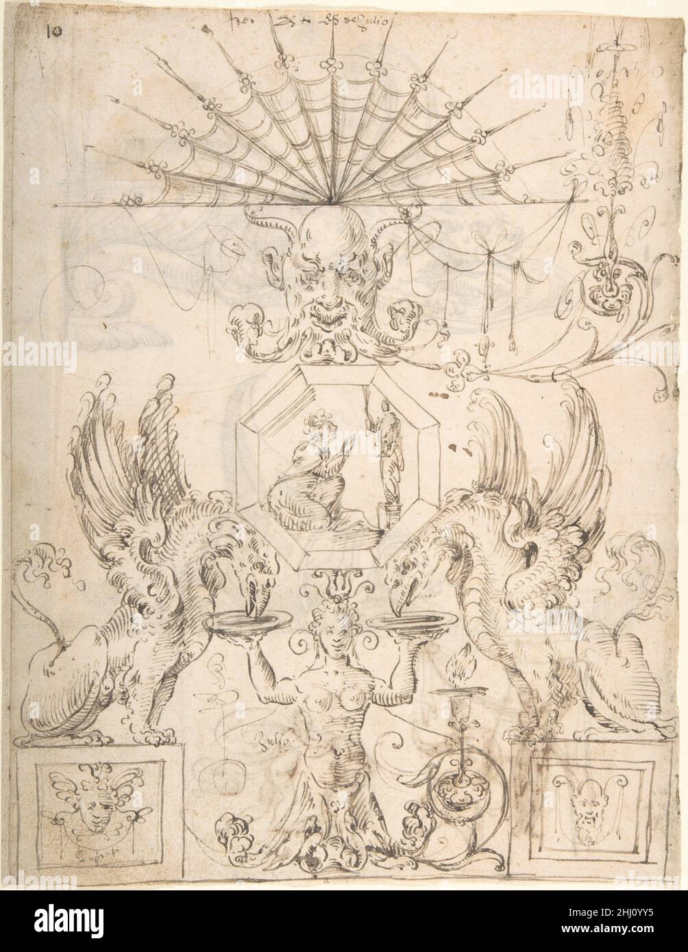 Grotesque Design with an Octagonal Panel in the Center and Two Griffins Drinking from PLates held up by a Hybrid Creature (recto); Two Turtles above a Scene with Four Figures (verso) ca. 1545–60 attributed to Andrés de Melgar Spanish. Grotesque Design with an Octagonal Panel in the Center and Two Griffins Drinking from PLates held up by a Hybrid Creature (recto); Two Turtles above a Scene with Four Figures (verso)  337501 Stock Photo