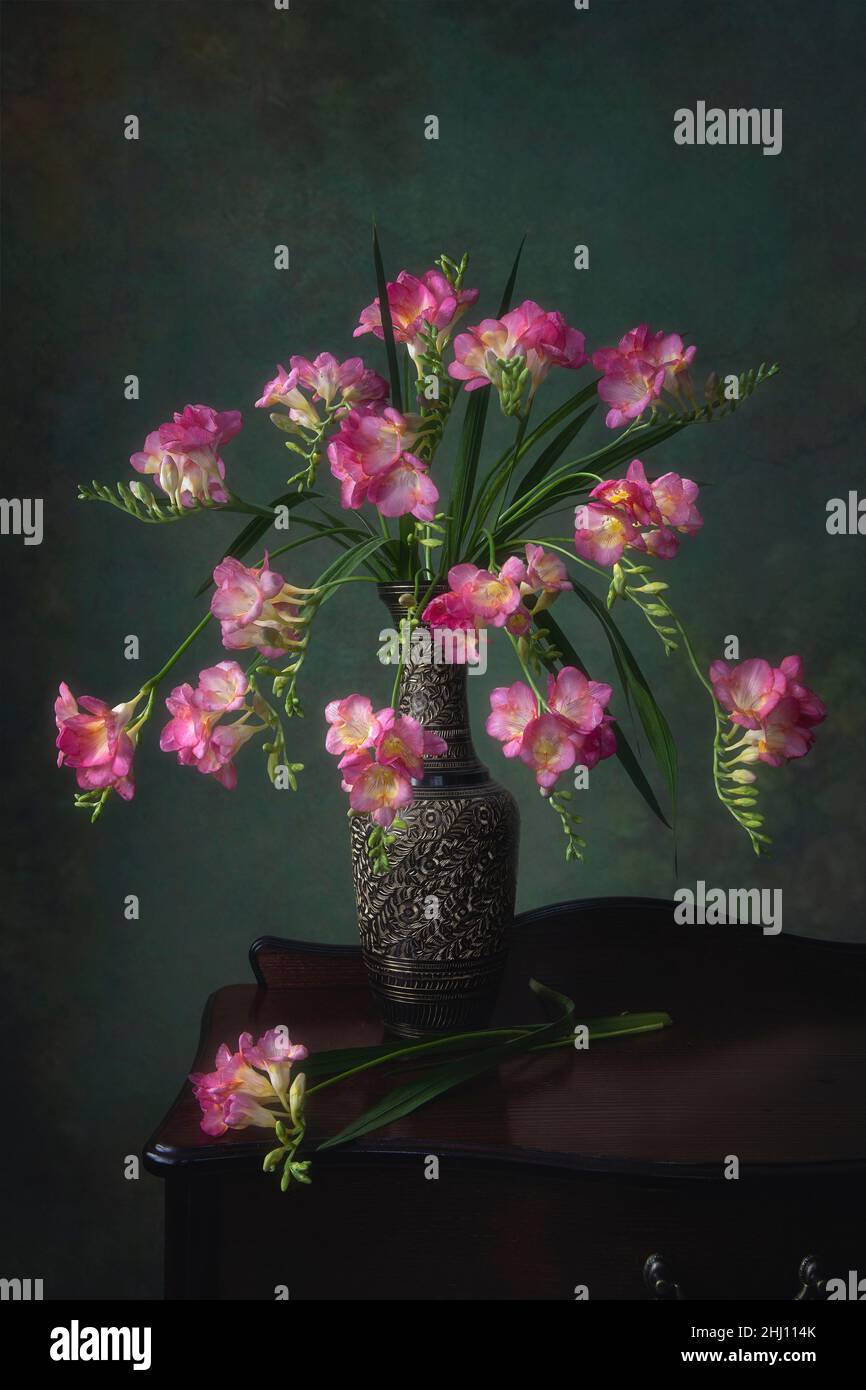 Still life with splendid bouquet of pink freesia flowers Stock Photo