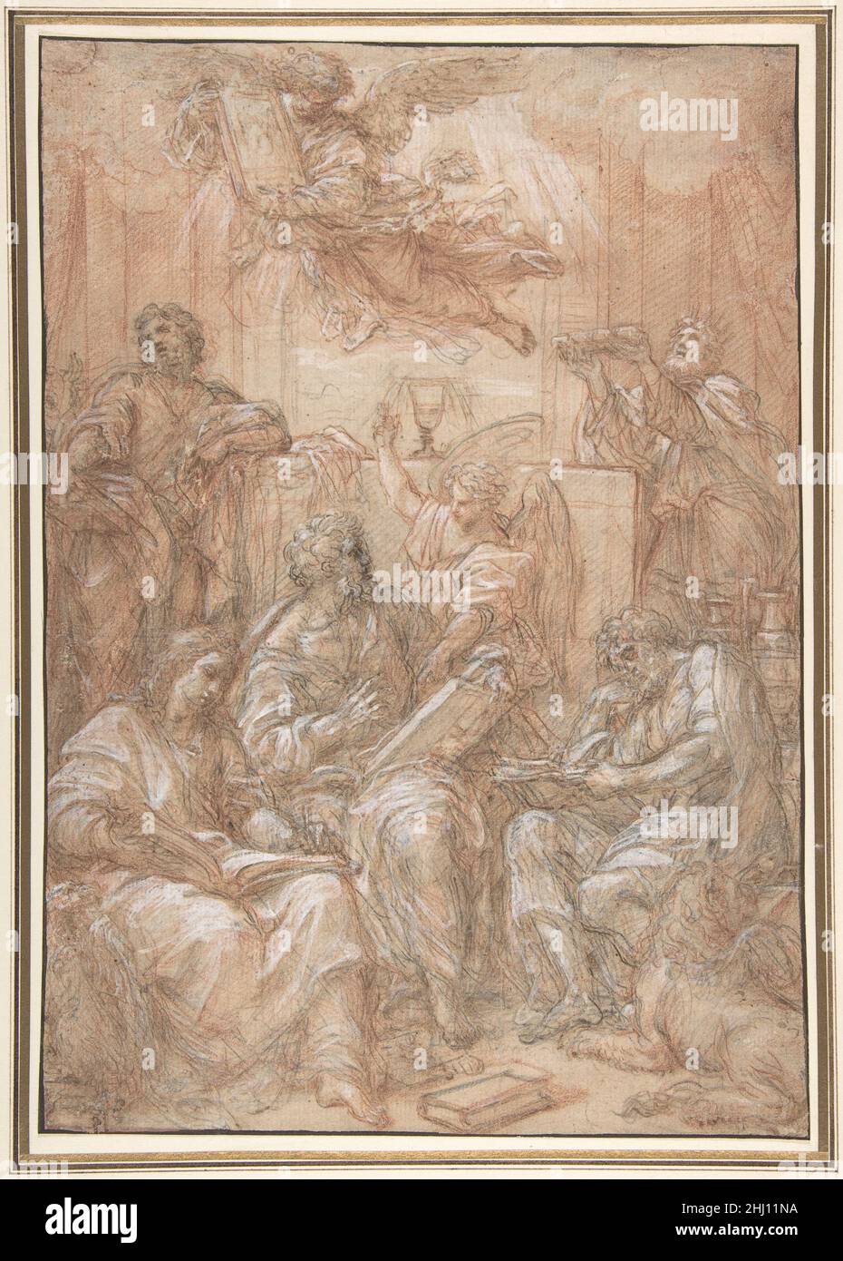 Allegory of the Old and New Dispensations 1700–8 Carlo Maratti Italian A late work by the prolific Maratti, this drawing depicts a complex theological allegory. Gathered around an altar on which rests a chalice containing the Eucharistic wine are the four Evangelists, authors of the Gospels and representatives of the New Dispensation. In the background at the right is the king-priest Melchizedek making an offering while gazing upward at an angel holding a tablet that represents either the Pentateuch (the Hebrew Bible, or Five Books of Moses), or possibly the Tablets of the Law. This subsidiary Stock Photo