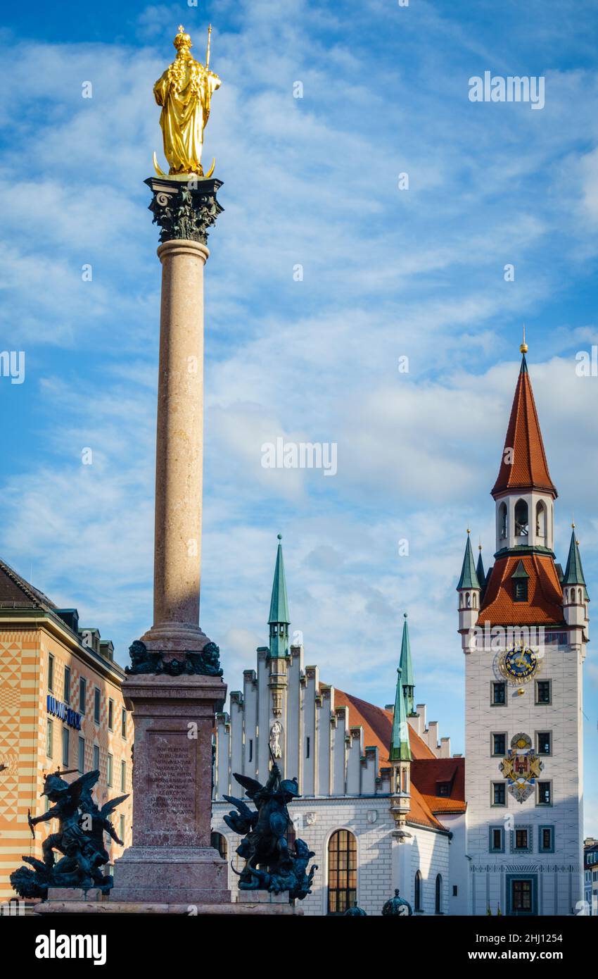 Marys Column and Old Town Hall on Marienplatz in Munich, Germany Stock Photo