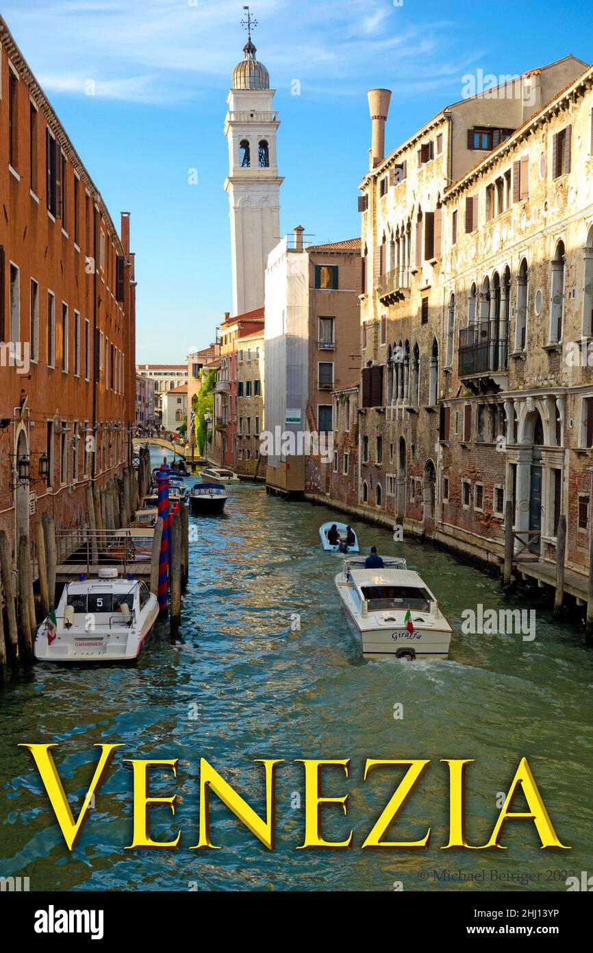 Poster of canal, boats, bridges, and poles in Venice. Stock Photo