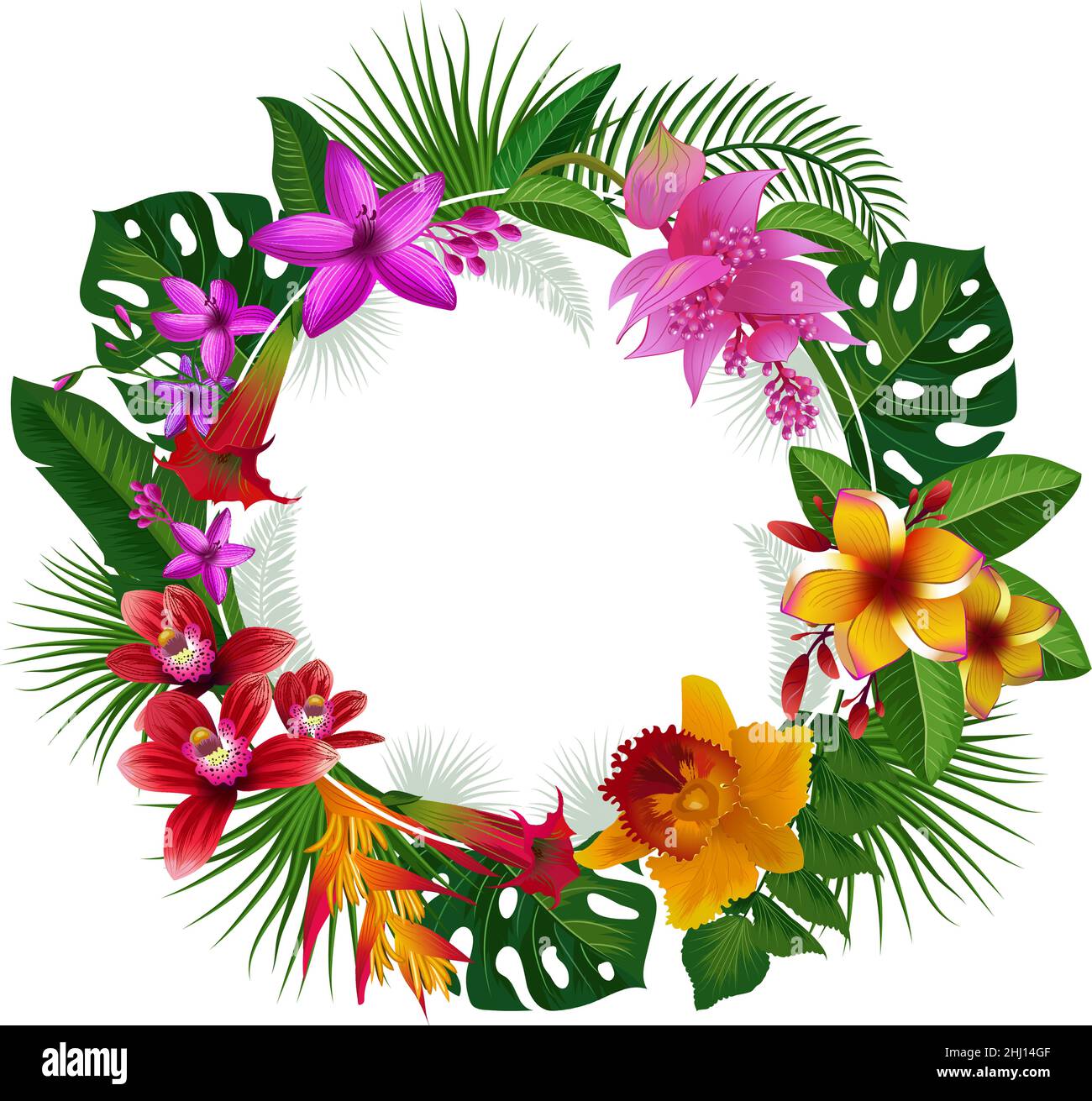 Tropical wreath with exotic flowers. Green round frame Stock Vector