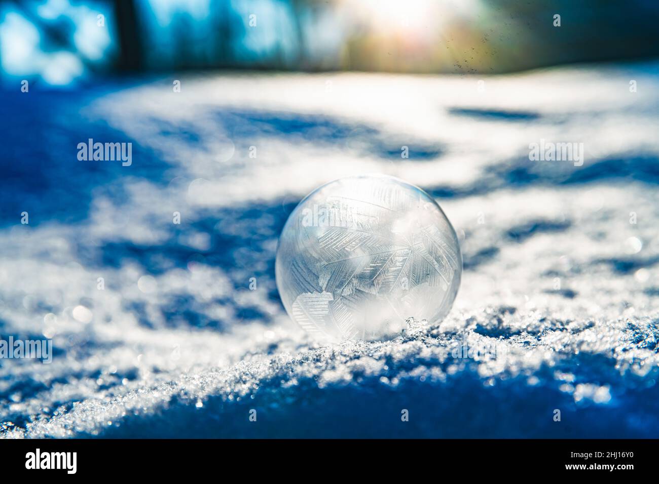 frozen soap bubble in winter on snow. magic nature Stock Photo