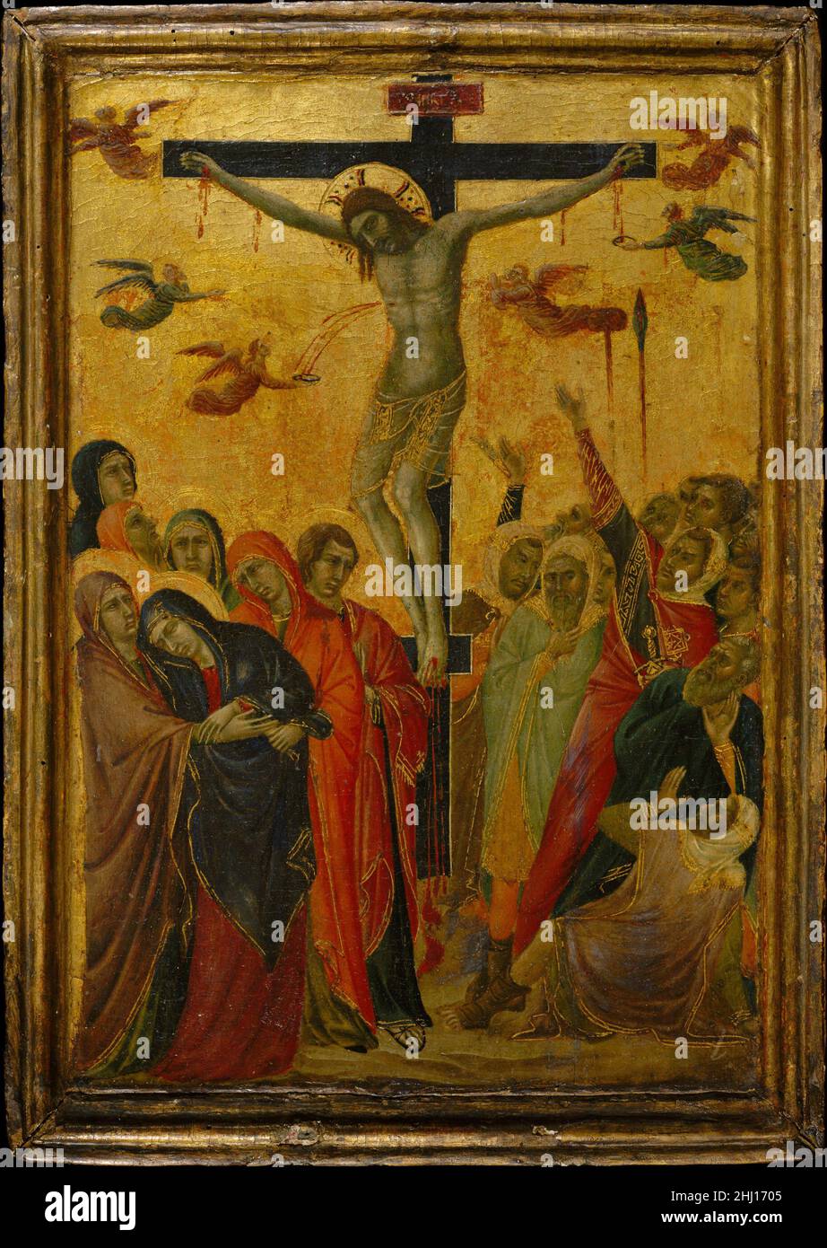 The Crucifixion ca. 1315 Segna di Buonaventura Italian This panel and another in the Lehman Collection portraying the Madonna and Child (1975.1.1) formed a diptych (two panels hinged together so they could open and close) and would have been used for private devotion. The radiant beauty of the Virgin’s court, enhanced by the ornamental detail, contrasts with the tragic drama of the Crucifixion, thus offering the worshipper two very different images on which to meditate. These panels reveal Segna di Buonaventura’s appropriation of the language and motifs of his master, Duccio. The greatest Sien Stock Photo