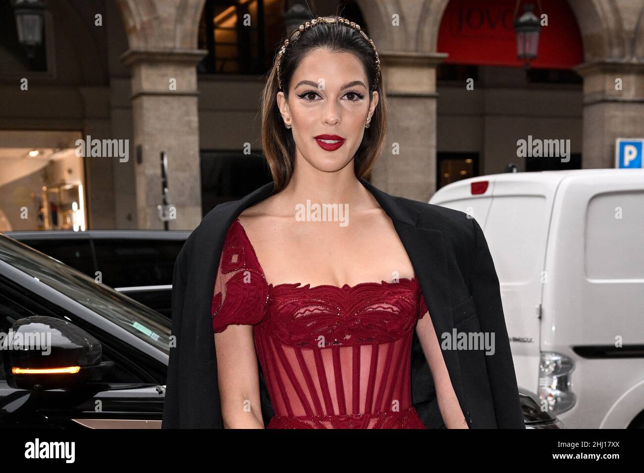 Iris Mittenaere arriving at the Zuhair Murad show during Paris Fashion