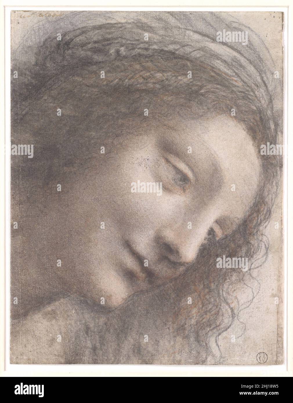 The Head of the Virgin in Three-Quarter View Facing Right 1510–13 Leonardo da Vinci Italian Fully revealed in 2005, the verso of this sheet is inscribed with a gray-brown ink '.T.' that is quite reminiscent of the 'Melzi-Leoni' markings on Leonardo’s drawings and manuscripts. The study for the head of the Virgin on the recto has sometimes been doubted by scholars 'ex silentio' as being by Leonardo, possibly because its magical beauty renders it suspicious (Walter Vitzthum in 1966 quoted a recent English critic’s opinion in his support, 'the drawing makes one think of Walter Pater’s mind rather Stock Photo