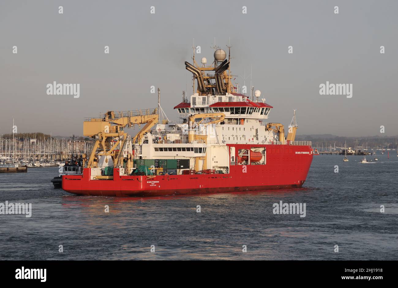 The polar research vessel RRS SIR DAVID ATTENBOROUGH heading towards a berth in the Naval Base Stock Photo