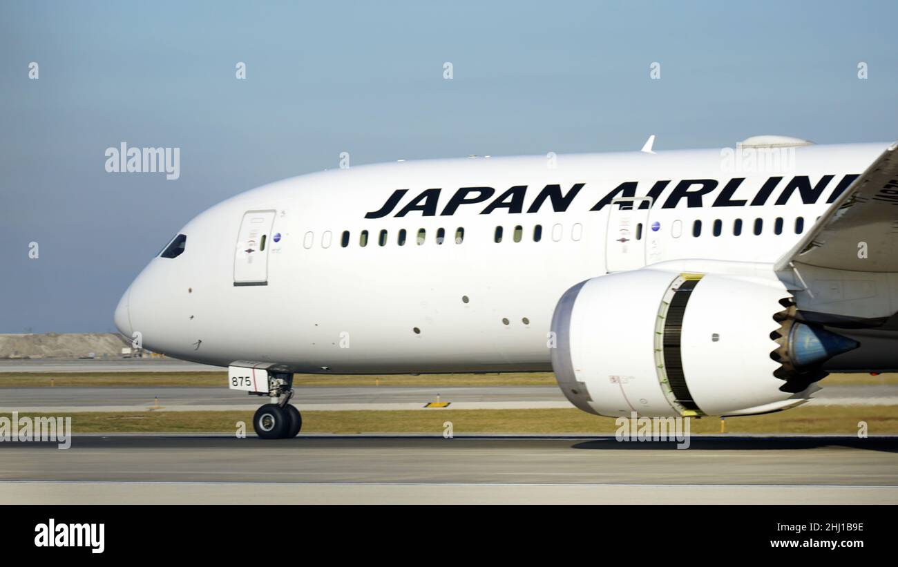 Japan Airlines Boeing 787 Dreamliner taxies on the runway after landing at Chicago O'Hare International Airport. Stock Photo