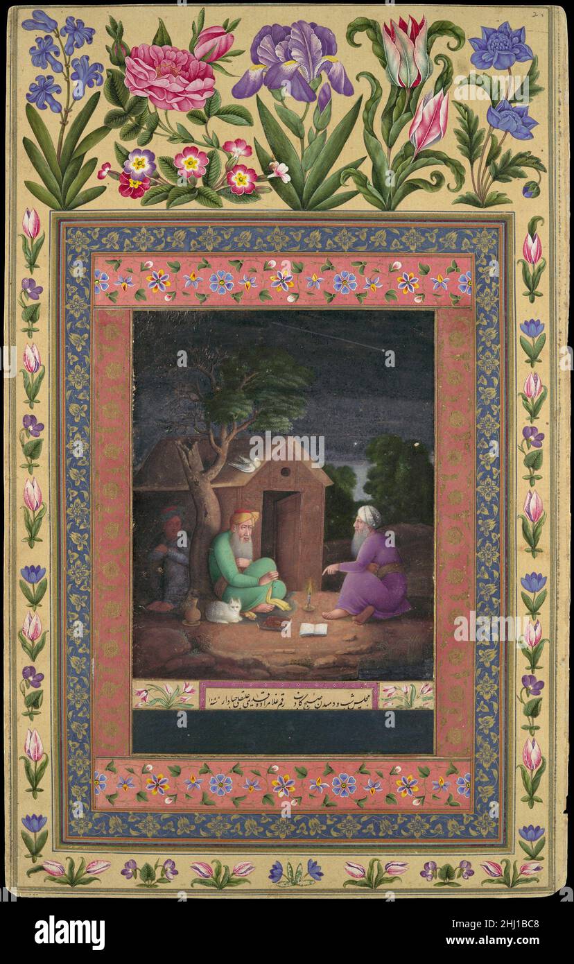'Two Old Men in Discussion Outside a Hut', Folio from the Davis Album dated A.H. 1085/A.D. 1674–75 Painting by 'Ali Quli Jabbadar Like several other folios in the Davis album, this painting is framed by a border of naturalistically rendered sprays of flowers in vibrant colors. Here, the artist blends Persian, Indian and European modes of painting: the composition and treatment of the faces is Indian, the style is European in character, featuring one-point perspective, chiaroscuro and modeling. The composition is based on another painting in this album, 'A Nighttime Gathering,' by Muhammad Zama Stock Photo