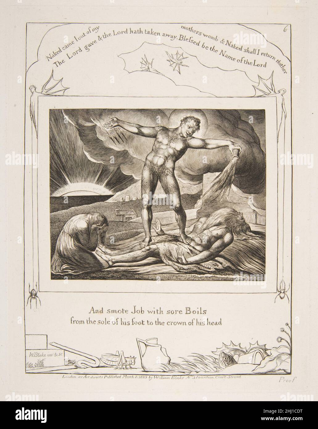 Satan Smiting Job with Boils 1825–26 William Blake British. Satan Smiting Job with Boils  383458 Artist: William Blake, British, London 1757?1827 London, Publisher: Published by William Blake, British, London 1757?1827 London No. 3 Fountain Court, Strand, Satan Smiting Job with Boils, from Illustrations of the Book of Job, 1825?26, Engraving, plate: 8 1/2 x 6 5/8 in. (21.6 x 16.8 cm) sheet: 16 1/8 x 10 7/8 in. (41 x 27.6 cm). The Metropolitan Museum of Art, New York. Gift of Edward Bement, 1917 (17.17.1?6) Stock Photo