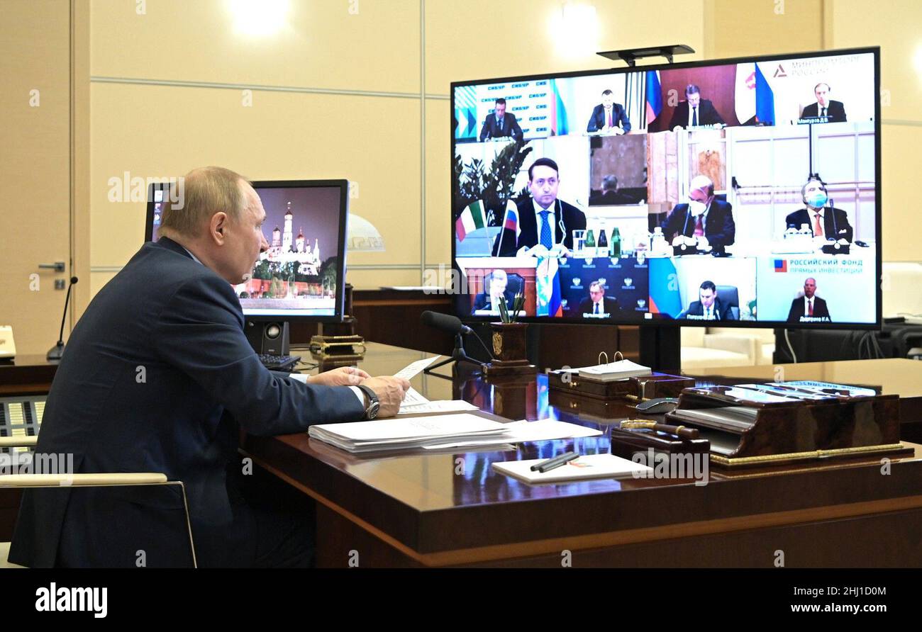 January 26, 2022. - Russia, Moscow Region, Novo-Ogaryovo. - Russian President Vladimir Putin iat the Novo-Ogaryovo residence during a video conference meeting with Italian business leaders. Stock Photo