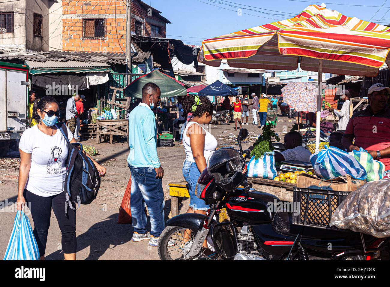 Street scene on public market Mercado Bazurto, Cartagena de Indias, Colombia. Stock Photo