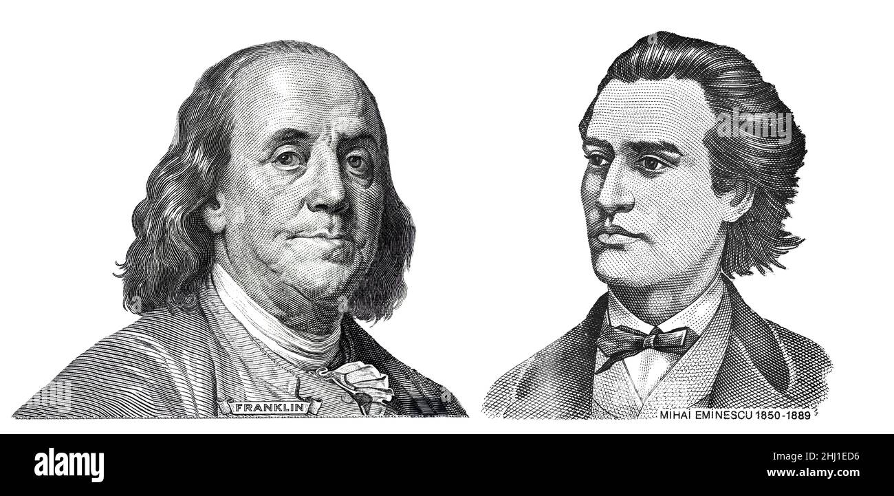 Benjamin Franklin cut on new 100 dollars banknote and Mihai Eminescu cut from 1000 Romanian lei banknote for design purpose Stock Photo