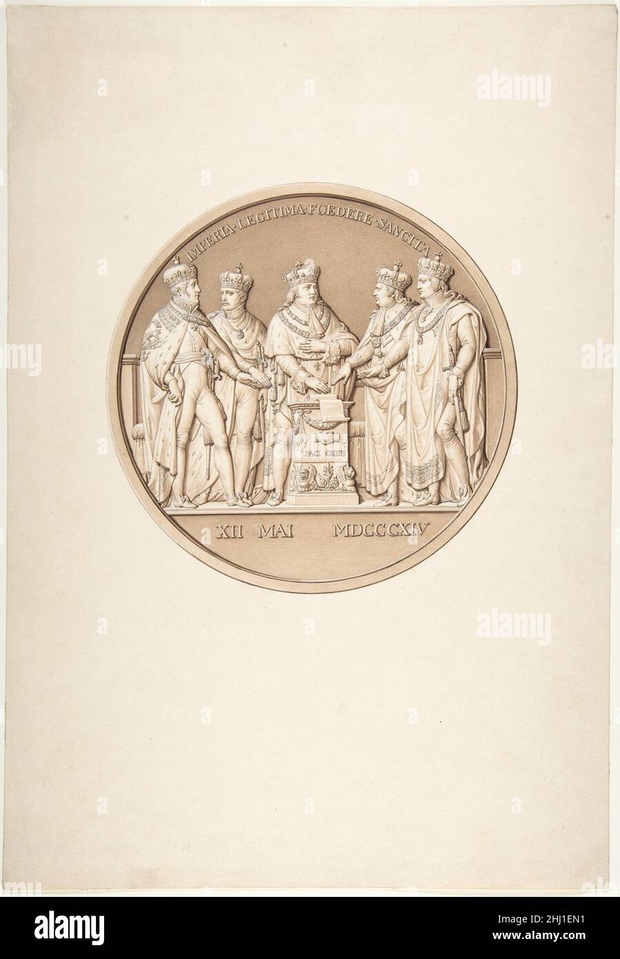 Design for a Medal Commemorating the Treaty of Paris, 1814 ca.1814 Jacques Edouard Gatteaux French This is one of the few surviving drawings by Gatteaux, an engraver of medals. His delicate use of line and wash recalls the technique of his lifelong friend Jean Auguste Dominique Ingres. The design commemorates the Treaty of Paris of 1814, signed by the French king Louis XVIII and other European leaders following the abdication and exile of Emperor Napoleon I.. Design for a Medal Commemorating the Treaty of Paris, 1814  337166 Stock Photo