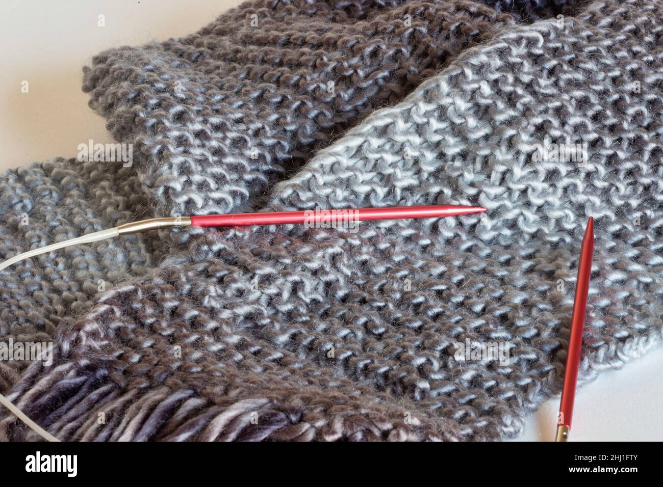 Gray Scarf with Circular Knitting Needles, USA Stock Photo