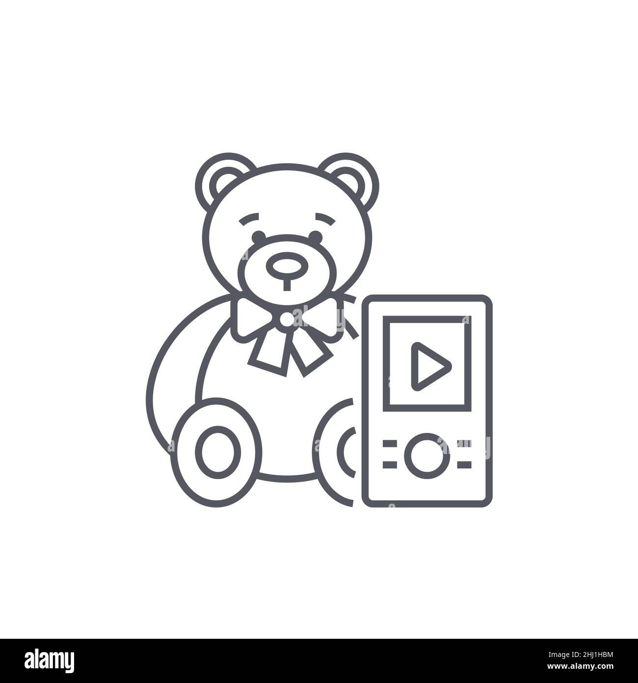 Audio fairy tales - modern black line design style icon on white background. Neat detailed image of cute teddy bear next to pocket audio player making Stock Vector