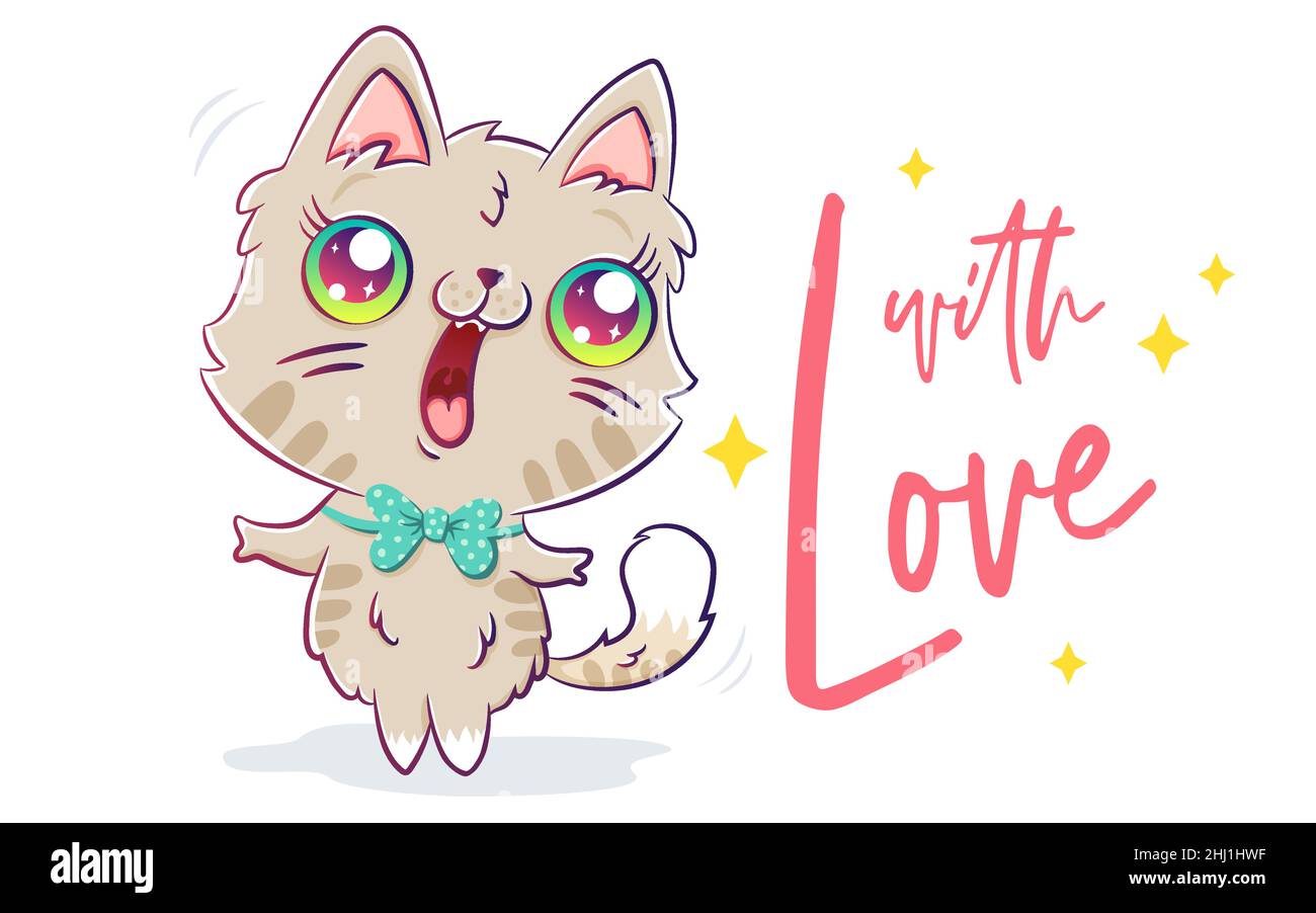 Vector illustration of a cute cat in kawaii style. Cute cat with hearts for Valentine's day in chibi style. Stock Vector