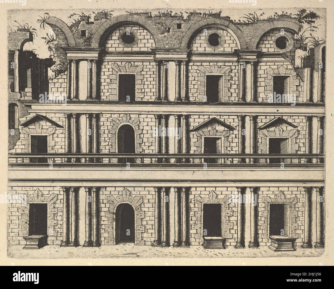 Ruin of a Palace Facade [Palatium M. Agrippa] from the series 'Ruinarum variarum fabricarum delineationes pictoribus caeterisque id genus artificibus multum utiles' 1554 Lambert Suavius Netherlandish Frontal view of the façade of a palace, said to be that of Emperor Marcus Agrippa. The rusticated façade consists of three stories crowned by an attica with arches and small round windows. The façade is divided in four bays each with a window or door open to the exterior. Double Doric pillars flank the windows. Along the sides and top of the building damage is visible. It is not clear whether this Stock Photo
