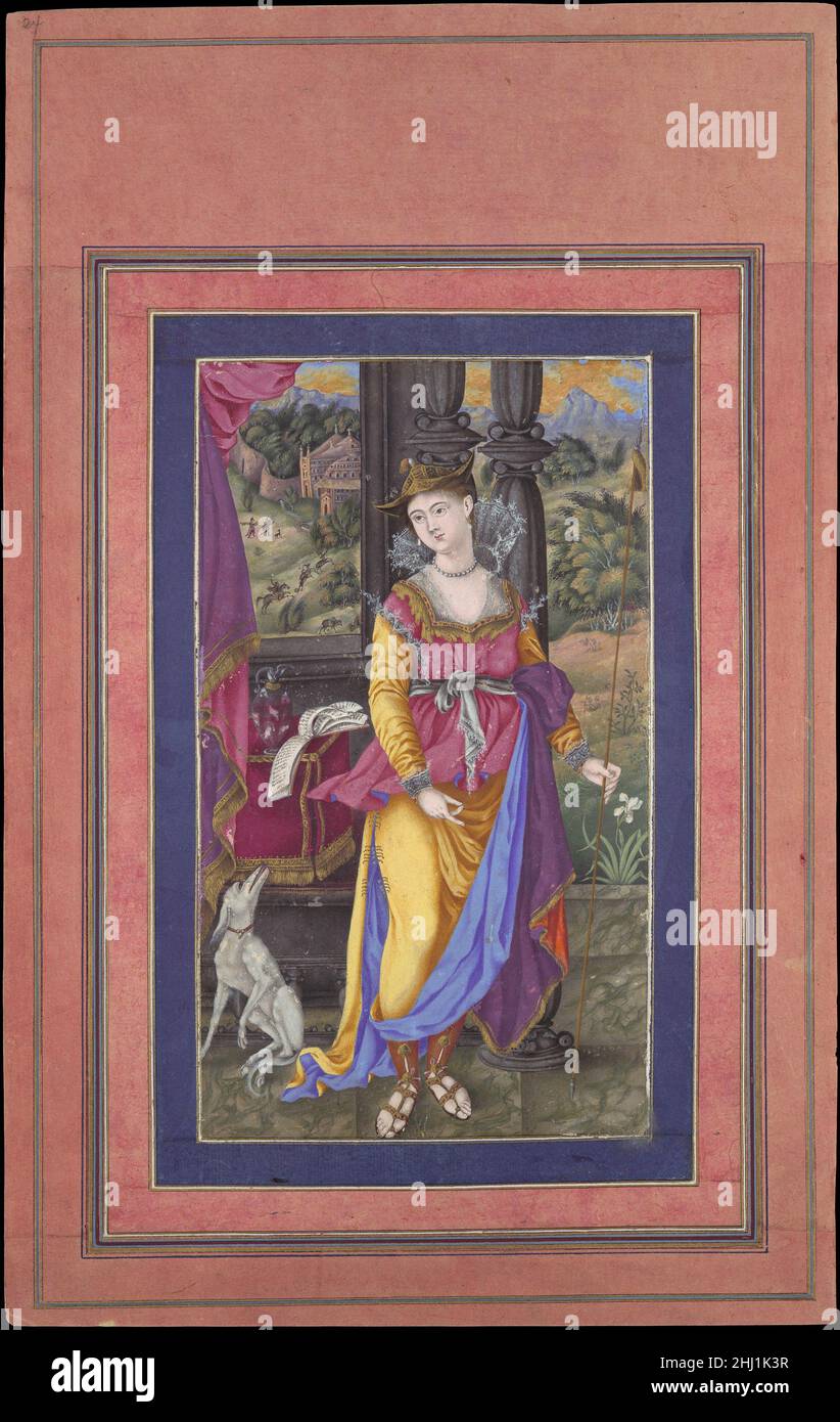 'Diana, Goddess of the Hunt', Folio from the Davis Album early 17th century Attributed to 'Ali Quli Jabbadar Diana, Roman goddess of wild animals and the hunt, is popularly depicted in western art with a hound or a deer and holding a bow and arrow. Here, she bears a tall spear with a hound at her side. Based on a European print the work can be attributed to the Isfahan painter ‘Ali Quli Jabbadar whose distinctive palette and stippled brushwork is seen.. 'Diana, Goddess of the Hunt', Folio from the Davis Album  448483 Stock Photo