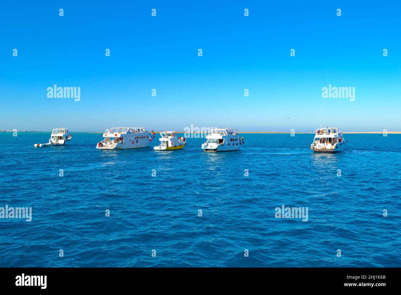 A lot of white yachts with tourists on board against a background of blue sky and bright blue sea, Red Sea, Egypt Stock Photo