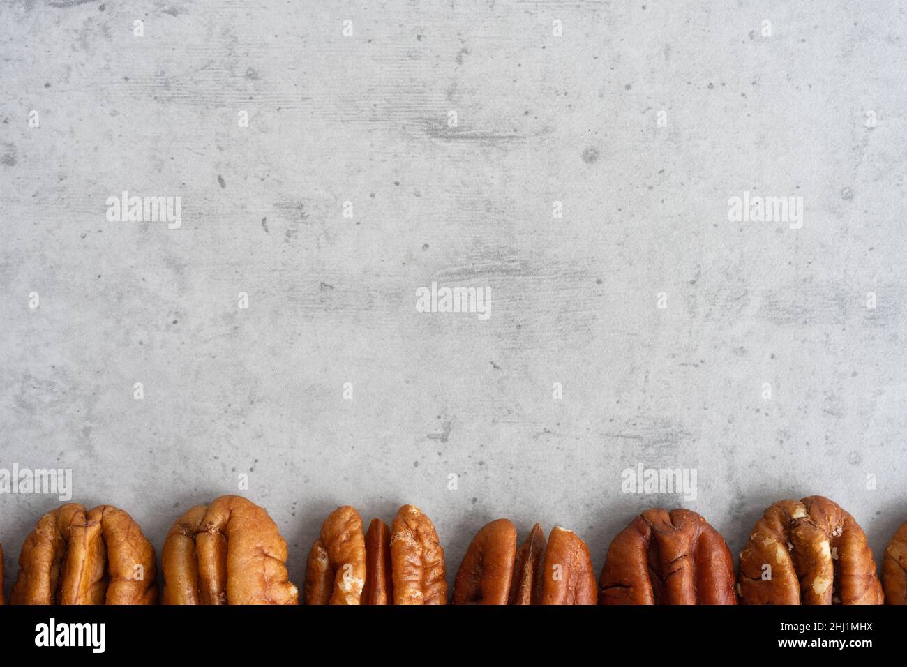 Row of pecans below on a gray background, close-up Stock Photo