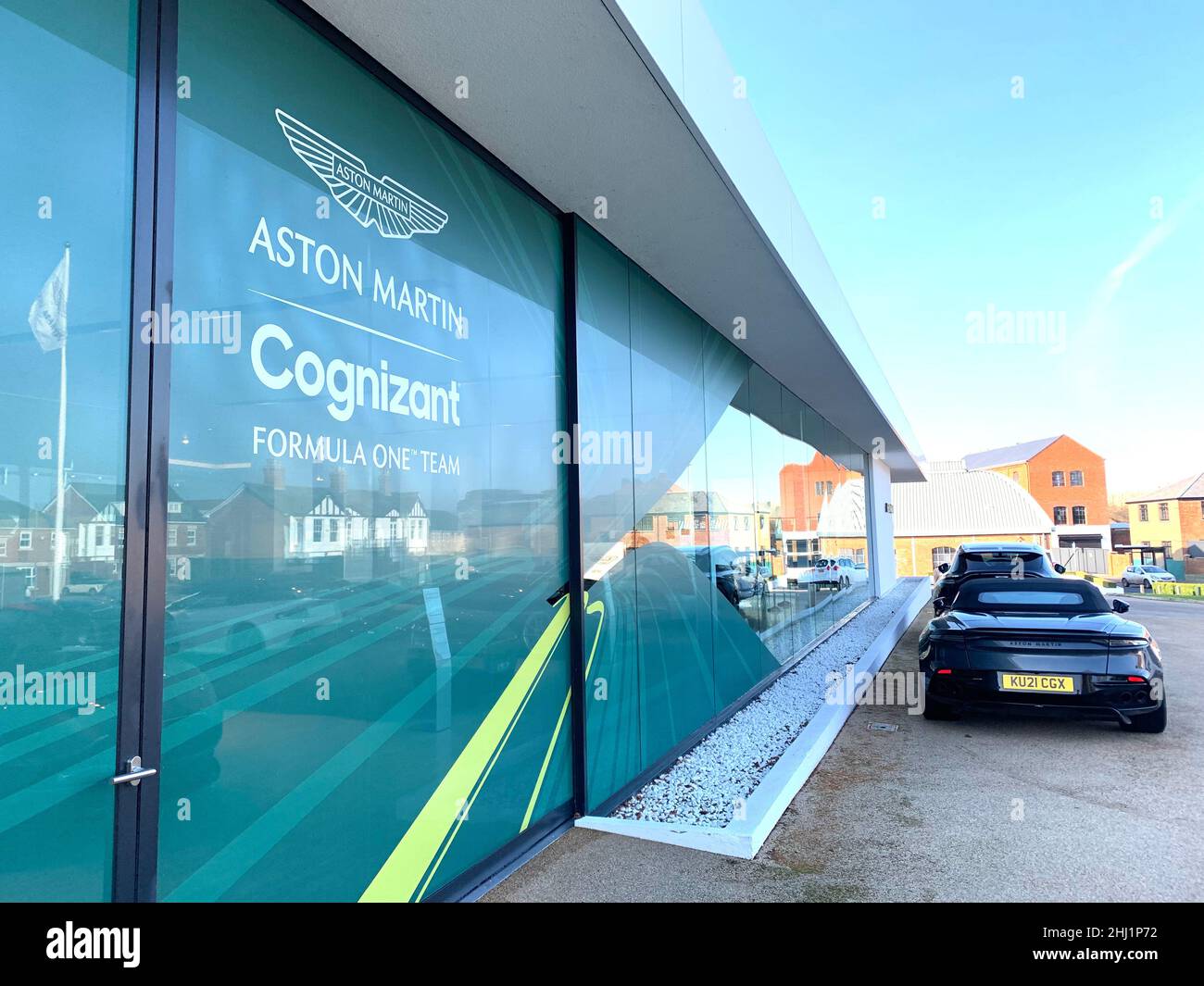 Aston Martin show room front entrance in Newport Pagnell UK with Aston