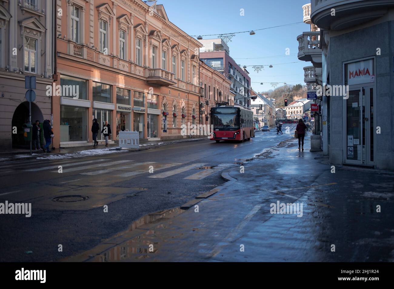 Belgrade, Serbia, Jan 23, 2022: View of Glavna Street in Zemun at winter Stock Photo