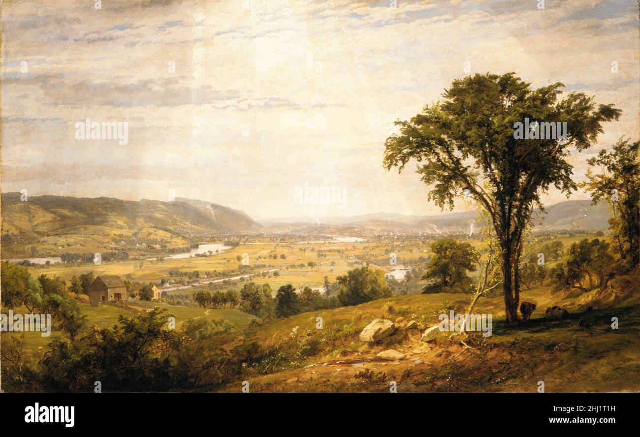 Wyoming Valley, Pennsylvania 1864 Jasper Francis Cropsey American This is an oil study for Cropsey’s monumental 'Valley of Wyoming' (66.113). The view is from a promontory called Inman’s Hill, looking north across the valley, which is intersected by the Susquehanna River. In contrast to the large, elaborately detailed canvas, the present work was painted broadly and quickly.. Wyoming Valley, Pennsylvania  10589 Stock Photo
