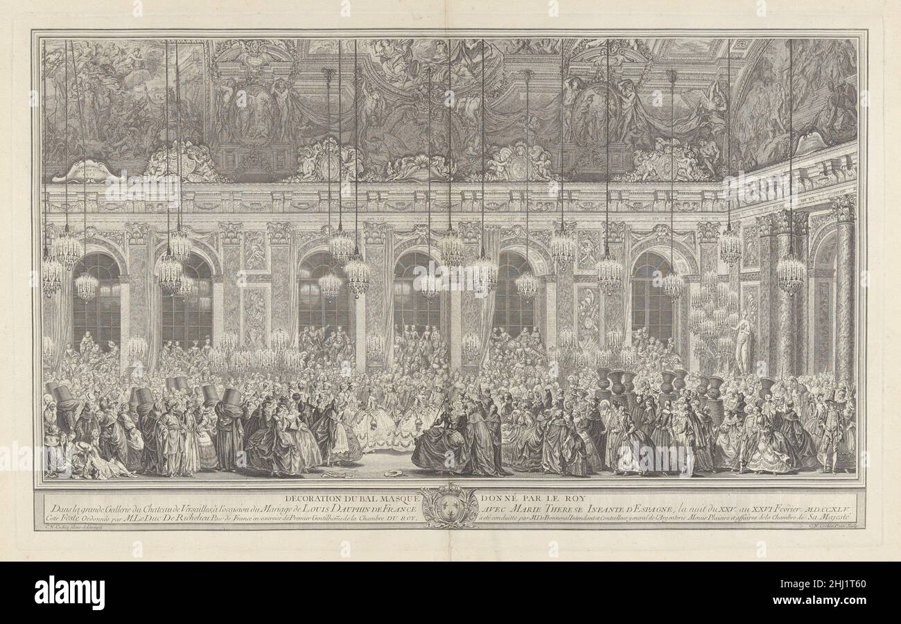 Decoration for a Masked Ball at Versailles, on the Occasion of the Marriage of Louis, Dauphin of France, and Maria Theresa, Infanta of Spain (Bal masqué donné par le roi, dans la grande galerie de Versailles, pour le mariage de Dauphin, 1745) 1764, reprinted ca. 1860 Charles Nicolas Cochin I French In 1745, the marriage of Louis XV's son was celebrated with a masqued ball held at the royal château at Versailles. The event was afterwards dubbed the Yew Tree Ball because the king and his attendants had arrived dressed as topiary yew trees. Cochin's engraving memorializing the celebration shows m Stock Photo