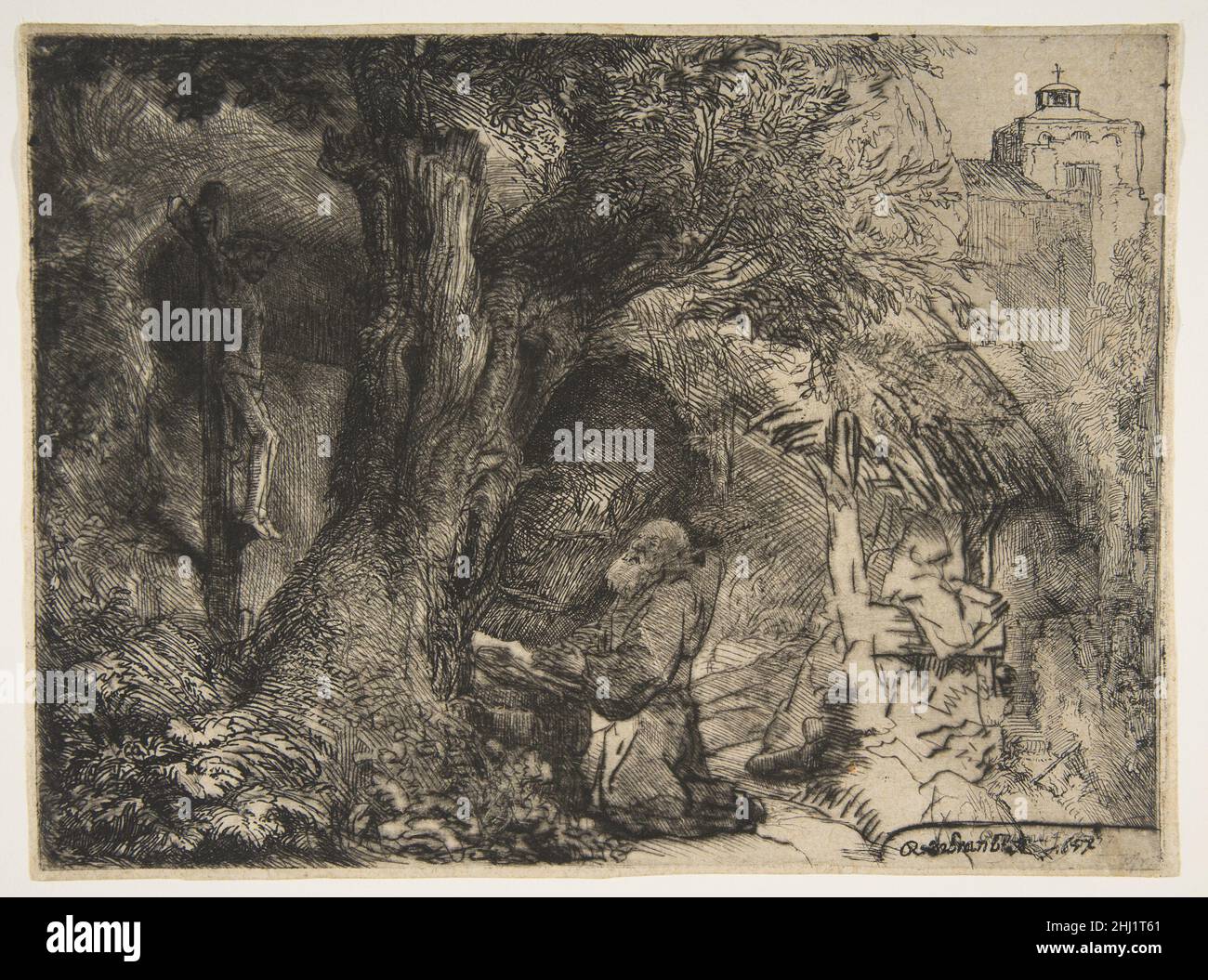 Saint Francis beneath a Tree, Praying 1657 Rembrandt (Rembrandt van Rijn) Dutch Rembrandt worked on this print in two campaigns in the same year. He began the print in drypoint, delineating only the tree, the saint, the crucifix, and the monk in the background on the right. He even signed the print at that point—his signature is still visible underneath the final larger and darker signature. The second state, shown here, is more finished, with details such as the tower in the background, foliage in the lower left, and the area between Saint Francis and the tree trunk added in etching. Rembrand Stock Photo