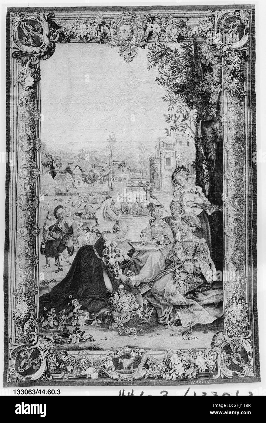 April from a set of The Months of Lucas designed ca. 1535, woven 1732–37 Master of the Months of Lucas Netherlandish This tapestry was part of a set of twelve celebrating courtly pastimes, each dedicated to a month of the year. Here, courtiers enjoy the mild mid-spring weather of April; they venture out of the castle to go boating, gather flowers, and make music with a recorder, a lute and a dulcimer. In contrast with these leisurely dalliances, a shepherd leading his flock to the fields and a maid milking toward the left hint at busy agricultural life reawakening after atrophied winter. Octob Stock Photo