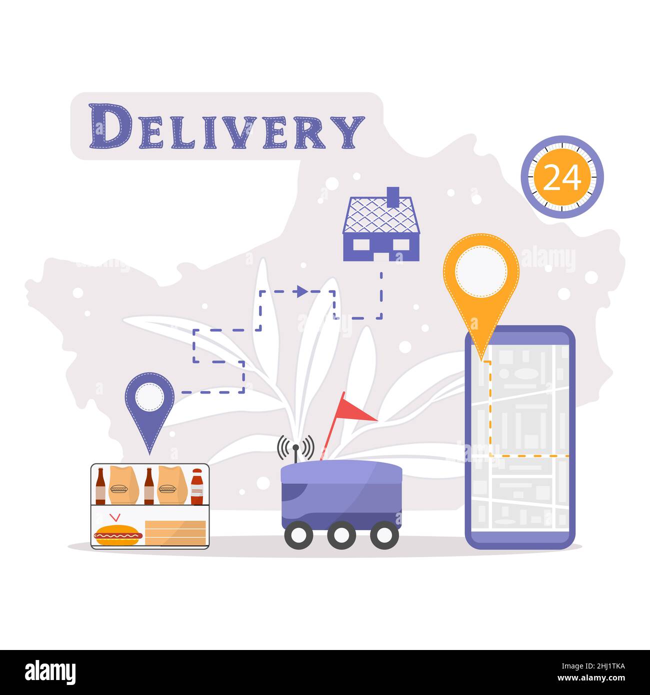 Vector illustration Automated car delivers food, drinks. Online Order