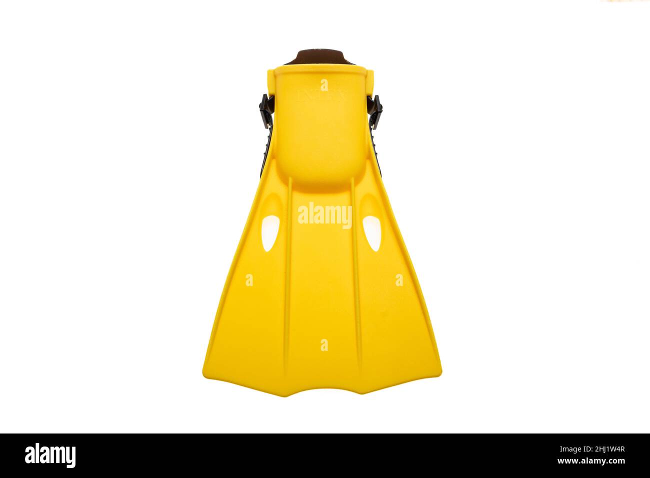 Flipper yellow isolated cutout on white background. Overhead view of fin footwear, swim and dive sea equipment. Sport, activity, leisure. Stock Photo