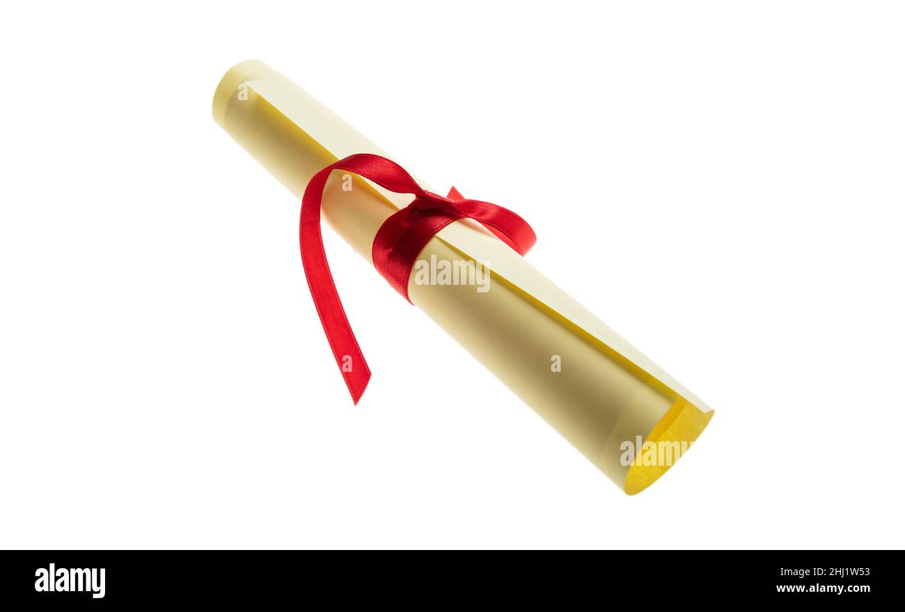 Degree scroll with Red Ribbon isolated cutout on white background. College paper certificate roll, University graduation, education, studies concept Stock Photo