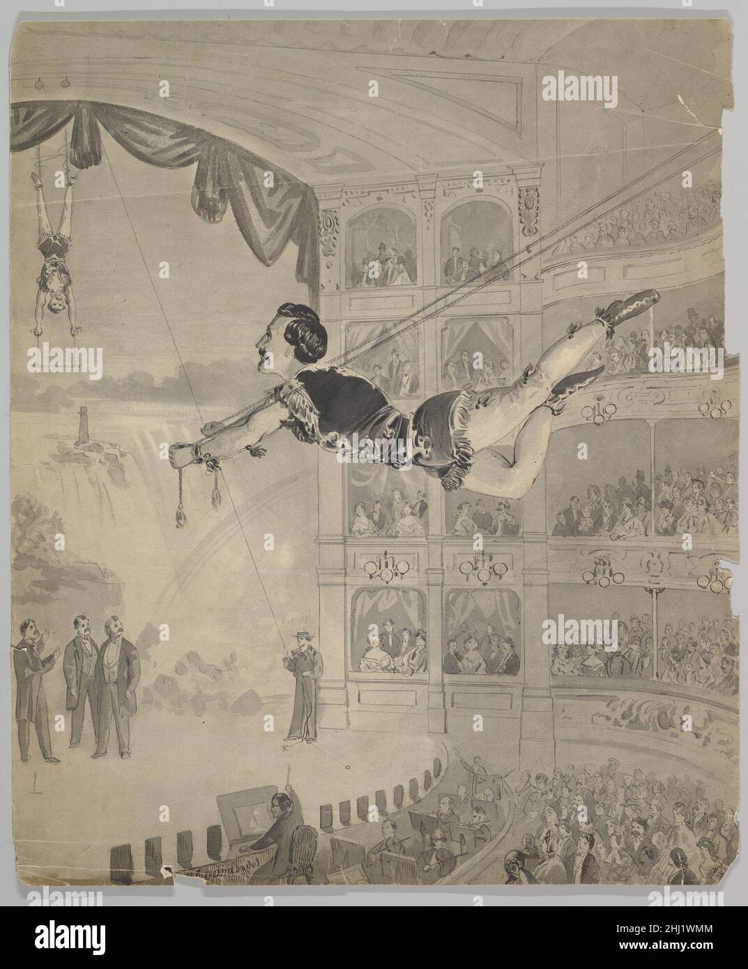 Trapeze Artist late 19th century Anonymous, British, 19th century British A man in costume perfoms on a trapeze in a theater auditoriumm as a woman hangs over the stage with men standing below.. Trapeze Artist  387285 Stock Photo