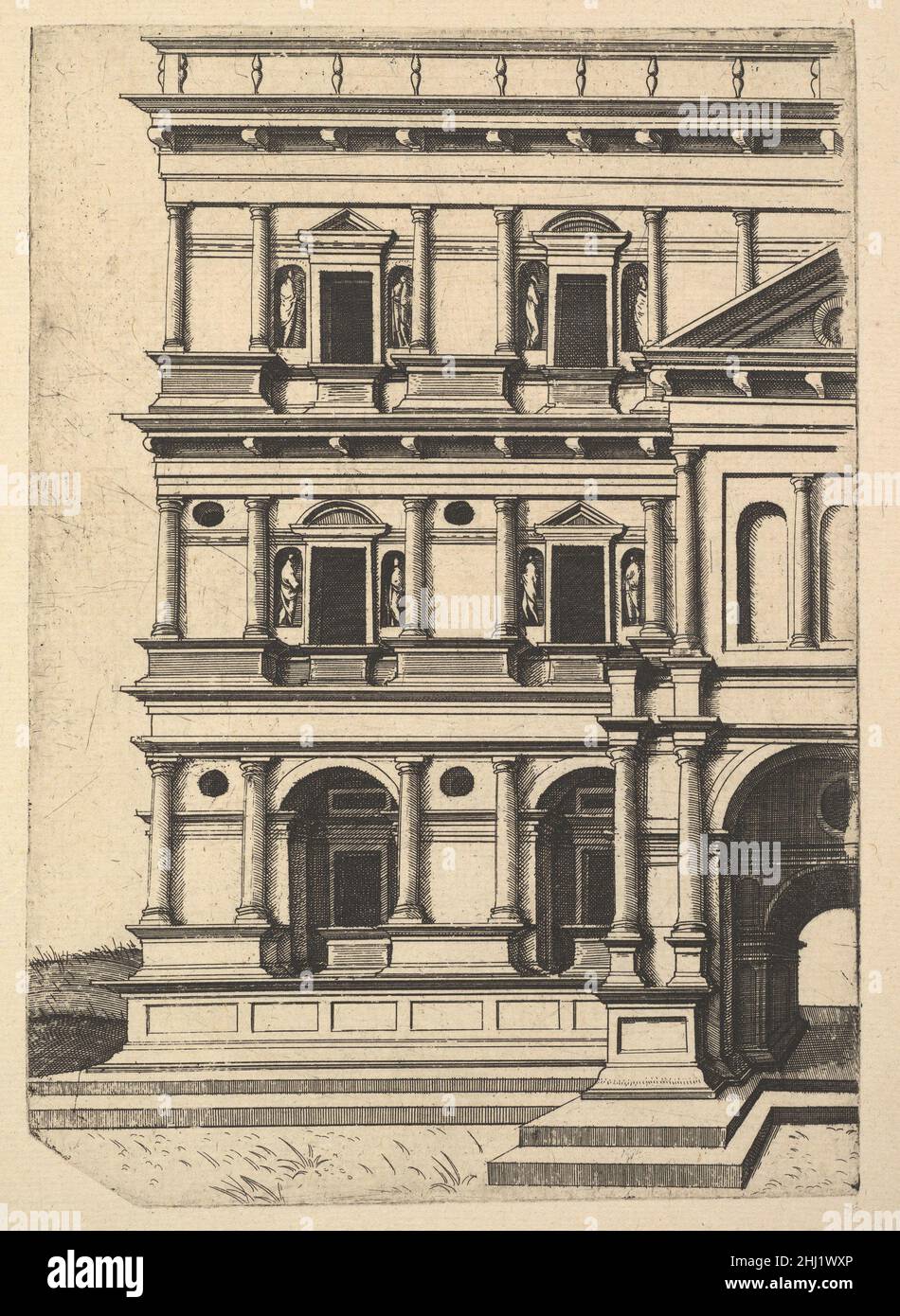 Partial View of a Building [Palatium Claudie] from the series 'Ruinarum variarum fabricarum delineationes pictoribus caeterisque id genus artificibus multum utiles' 1554 Lambert Suavius Netherlandish Perspectival view of the leftt side of a building described as the palace of Emperor Claudius. The building consists of three stories crowned by a balustrade and three bays of what is likely a five-bay façade have been depicted. The bay on the right (the central bay of the façade) shows the entrance way, marked by an avant-corpse with its own attica and a pediment. It is not clear whether this ren Stock Photo