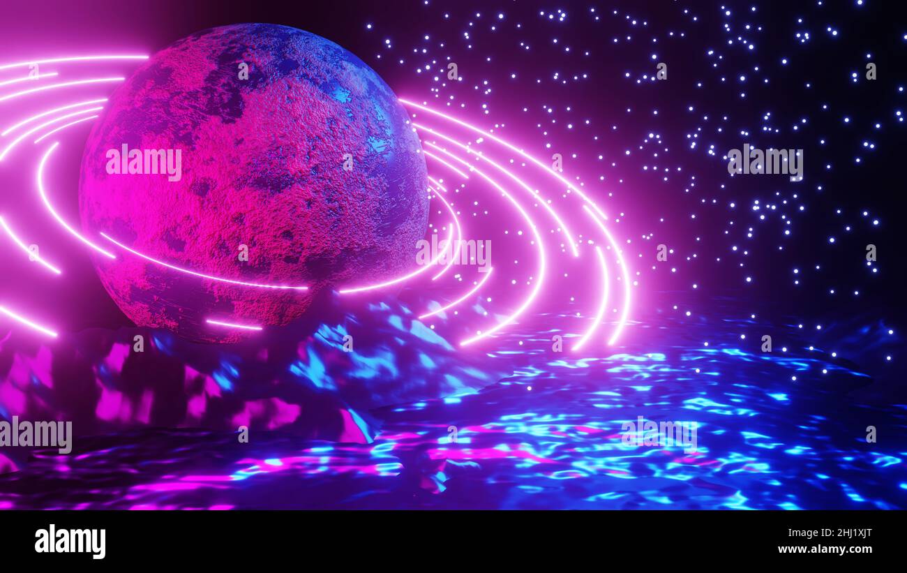 3D rendering. Sci Fi modern futuristic bright space planet with rings ...