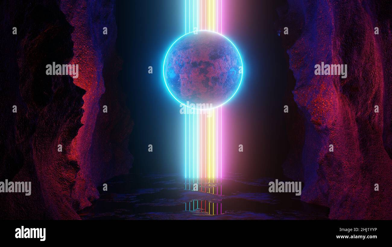 3D rendering. Sci Fi modern futuristic bright space planet with rings ...