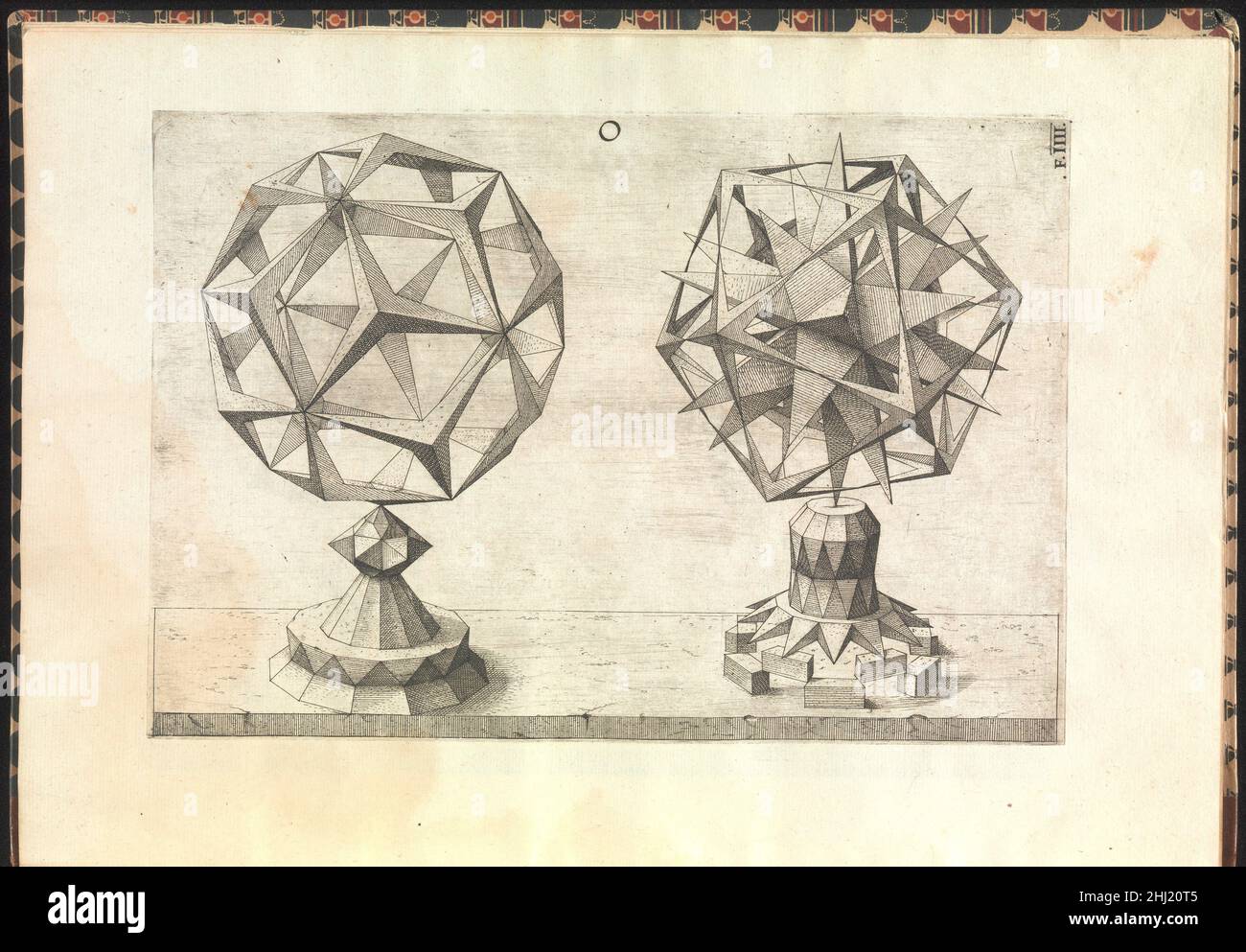 Perspectiva Corporum Regularium 1568 Jost Amman Swiss Perspective of the Regular Bodies is a lavish compendium of perspectival geometry expressly intended to show off the graphic skills of Jamnitzer, perhaps the most renowned sixteenth-century goldsmith. Based on the five Platonic solids, or 'regular bodies'—the tetrahedron, cube, octahedron, dodecahedron, and icosahedron—the five main sections of the book each consist of twenty-four polyhedral variants. The forms progress from the simplest on the top row of each page to the most augmented and complex at the bottom.. Perspectiva Corporum Regul Stock Photo