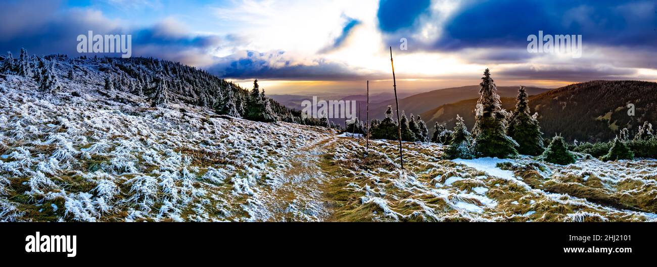 Scenic landscape with spruce trees covered with rime, view from a mounatin range to the valley.Sun behind clouds, dramatic clouds.Jeseniky.Czech repub Stock Photo