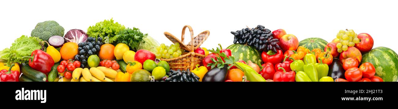 Wide panoramic composition of juicy fruits, berries and vegetables isolated on white background. Stock Photo