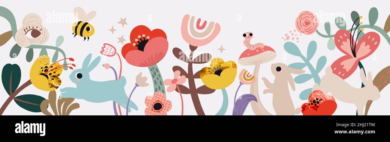 Fairy floral spring horizontal banner. Bee, flowers, plants, cute rabbits and bunnies in pastel colors. Modern minimalist poster, greeting card Stock Vector