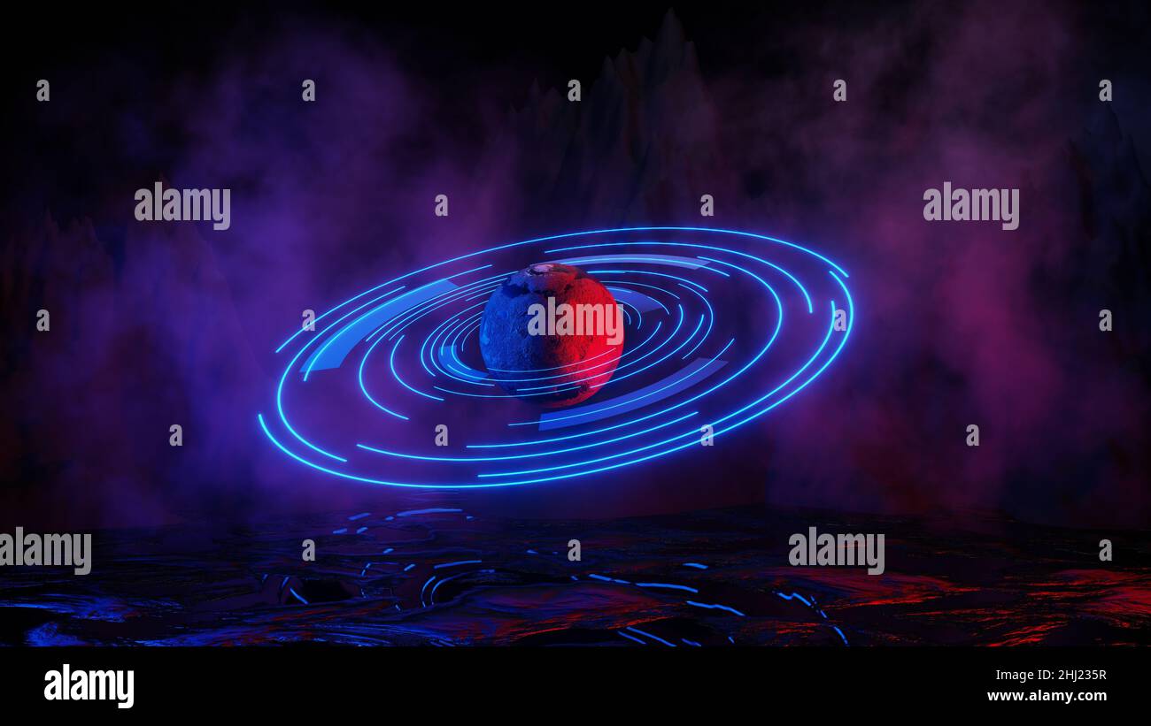 3D rendering. Sci Fi modern futuristic bright space planet with rings ...
