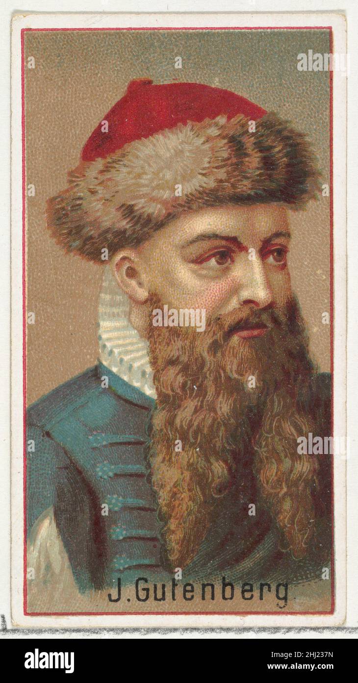 Johannes Gutenberg, printer's sample for the World's Inventors souvenir album (A25) for Allen & Ginter Cigarettes 1888 Issued by Allen & Ginter American Printer's samples for the collector's album 'World's Inventors' (A25), issued in 1888 to promote Allen & Ginter brand cigarettes. Citing Burdick's 'The American Card Catalog': 'Souvenir albums of this type, as issued by the tobacco companies, were probably intended to replace the individual cards if the smoker so desired, or at least enable him to own the entire collection of designs without the difficulty attendant to obtaining all the indivi Stock Photo