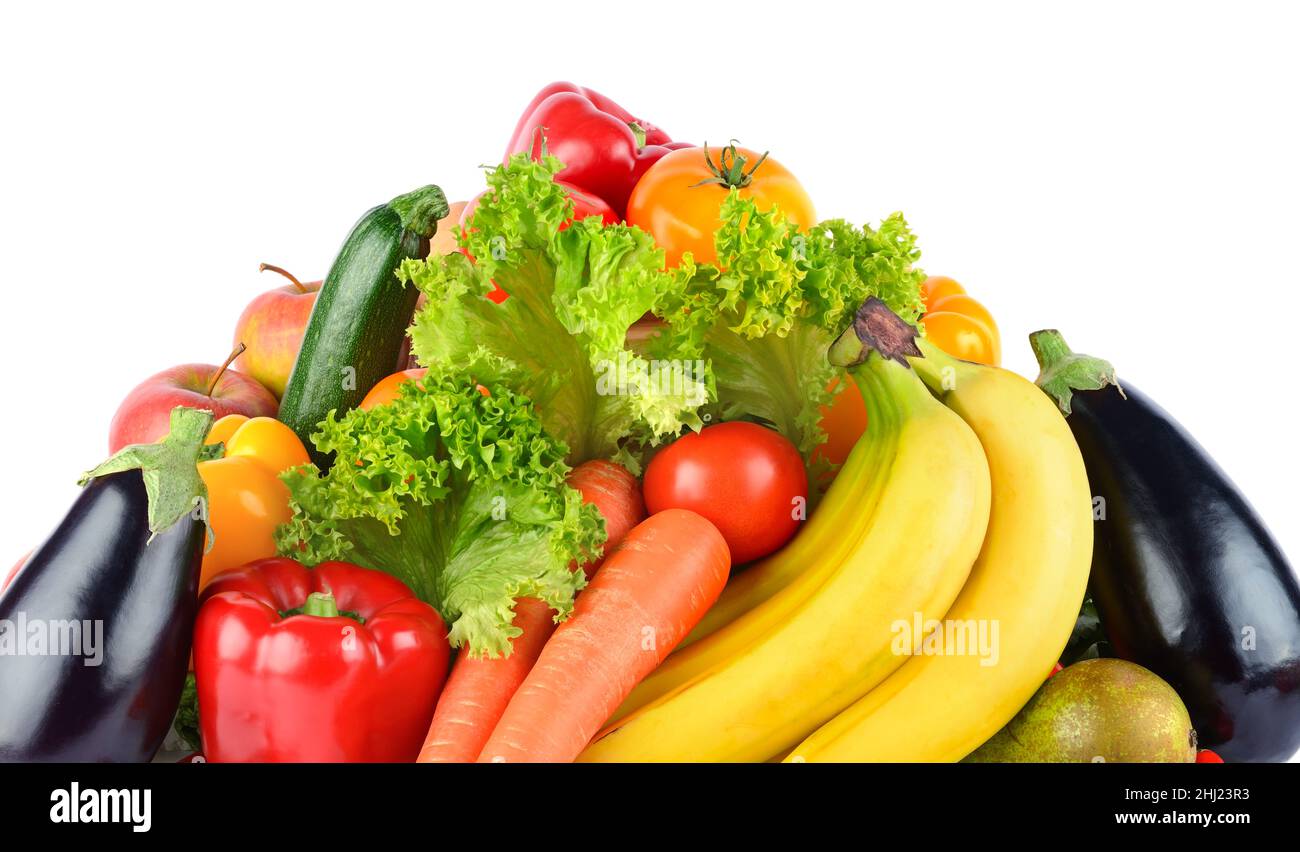 Multicolored fruits and vegetables isolated on white background Stock