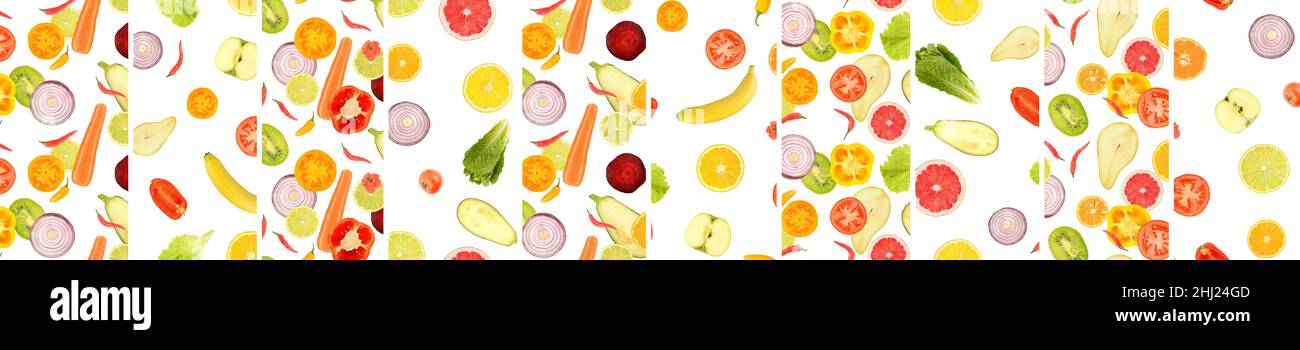 Panoramic skinali from vegetables and fruits separated by vertical lines isolated on white background. Stock Photo